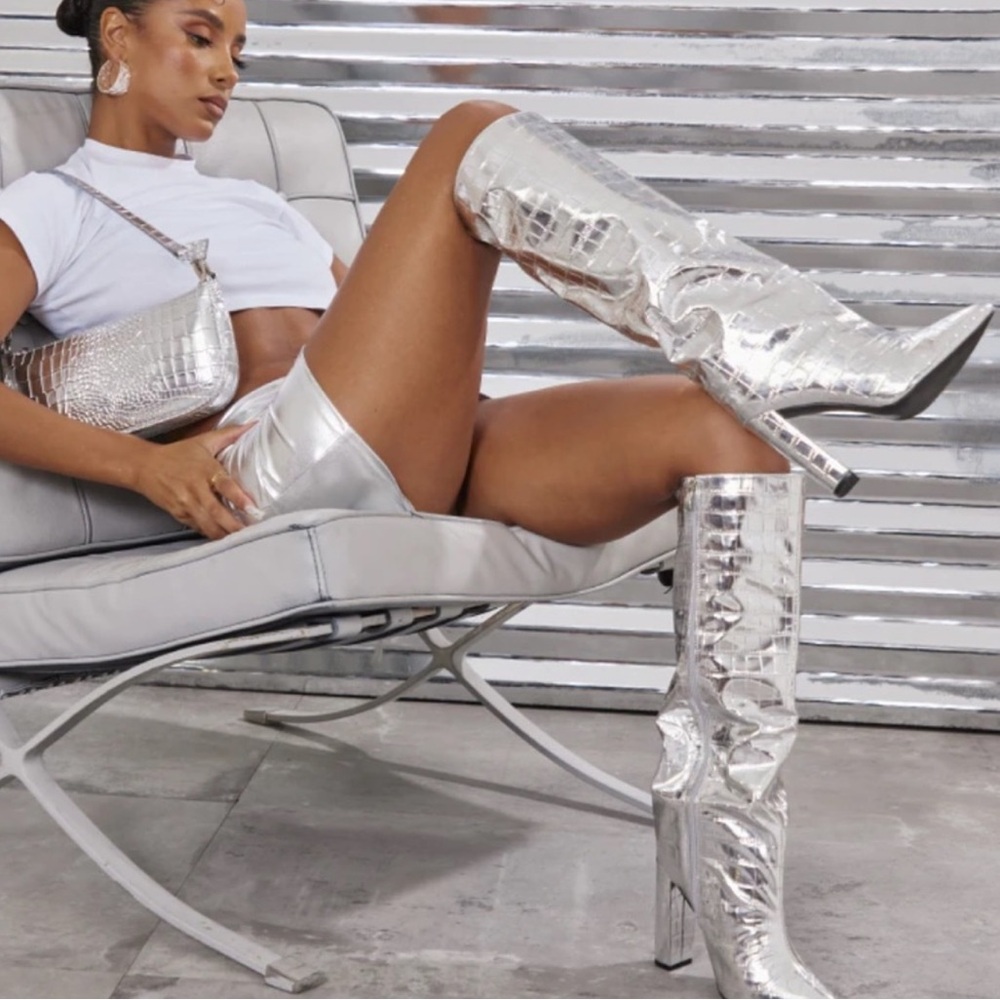 PLT Silver Wide Fit Metallic Point Toe Croc Block High Heeled Knee Boots